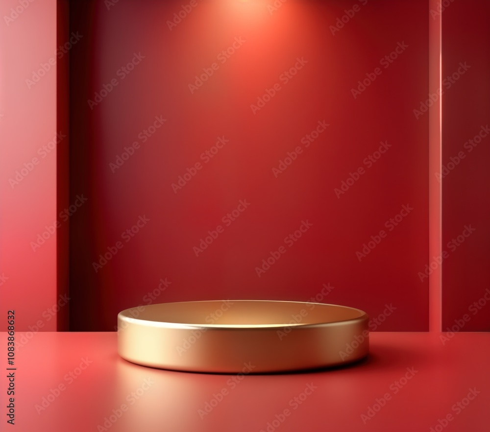 Poster shiny gold round podium on red counter. luxury display for cosmetics jewelry. elegant backdrop. mode
