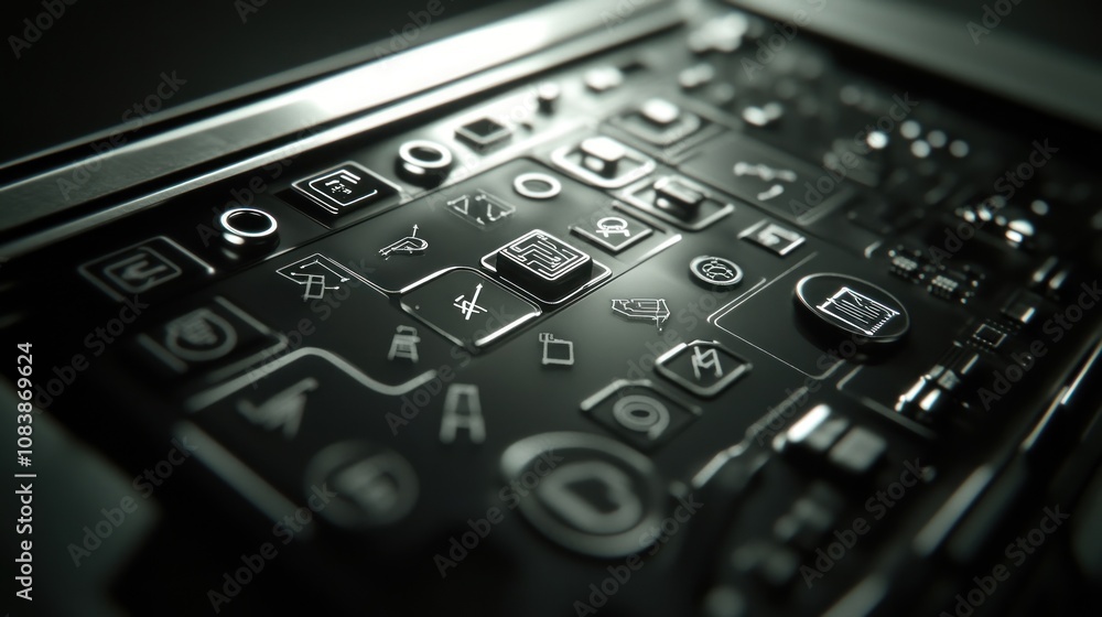 Poster a close-up of a modern control panel with various buttons and symbols.