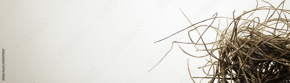 Poster a minimalist composition featuring a nest-like structure made of twigs against a neutral background.