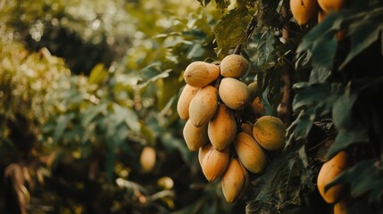 Cluster of Ripe Papaya Fruits Hanging from Green Foliage in a Tropical Garden Setting, Showcasing Natural Growth and Organic Farming Practices