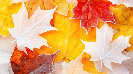 Fototapeta premium Close up of Frozen Leaves With Ice Crystals Illustrating Autumn’s End and Winter’s Arrival