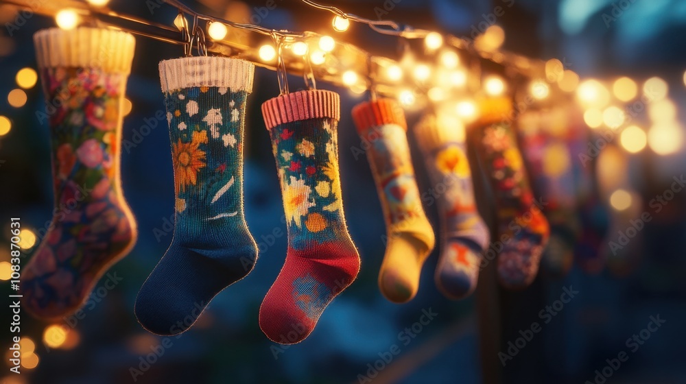 Aufkleber festive colorful stockings hanging on a string of warm string lights, creating a cozy and cheerful a