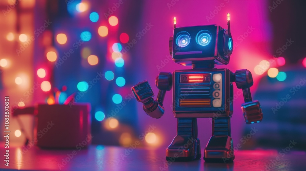 Poster colorful retro robot toy with led lights in a playful setting surrounded by twinkling bokeh string l