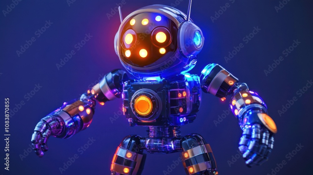 Poster futuristic robot with colorful lights and unique design ideal for technology, innovation, and roboti