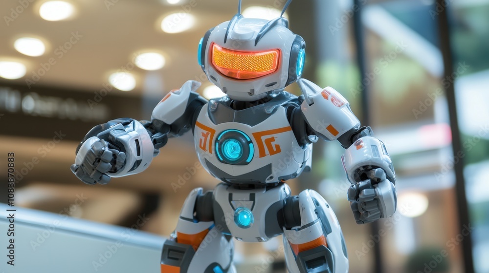 Poster interactive robot action figure with led features and detailed design in modern interior space, show