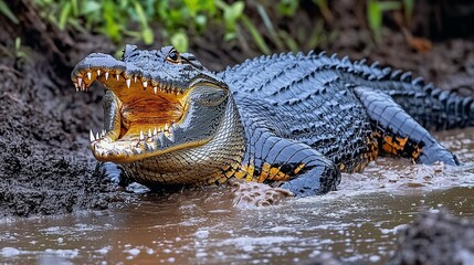Obraz premium Crocodile Resting with Mouth Open on Muddy Riverbank