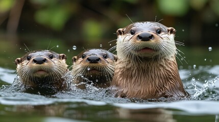 Obraz premium Family of Otters Swimming and Playing in a Calm Lake