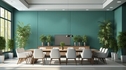 Fototapeta premium A large room with a green wall and a large table with white chairs