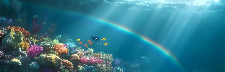 Obraz premium A vibrant underwater scene with coral reefs, colorful fish, and a rainbow above.