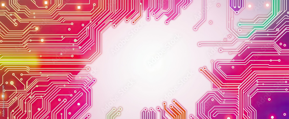 Poster colorful circuit board pattern glowing neon lines futuristic tech design electronic microchip components sci-fi digital background
