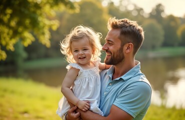 Fototapeta premium Happy father and daughter enjoy autumn day in park. Little girl laughs while father holds her close. Family moments filled with love and joy. Outdoors scene.