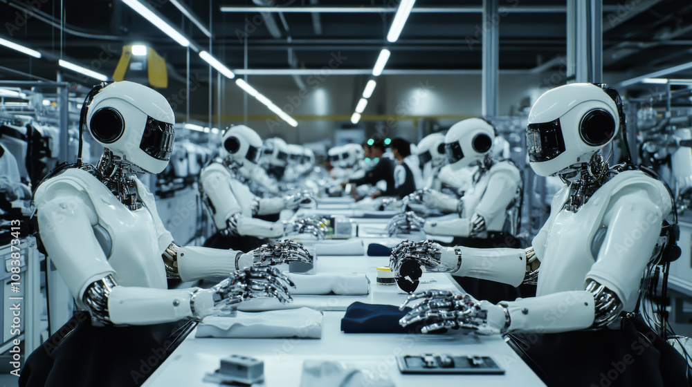Aufkleber robots working meticulously on an assembly line in a modern textile factory during daylight hours