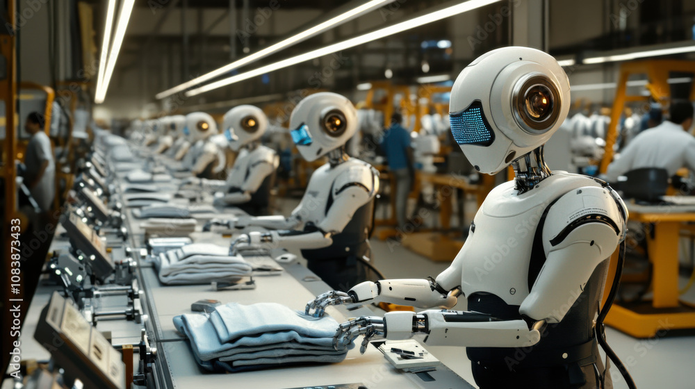 Aufkleber robots working meticulously on an assembly line in a modern textile factory during daylight hours