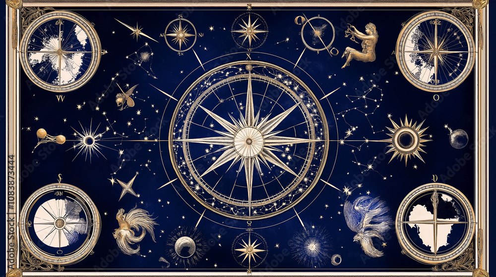 Poster Celestial Map with Constellations and Zodiac Symbols