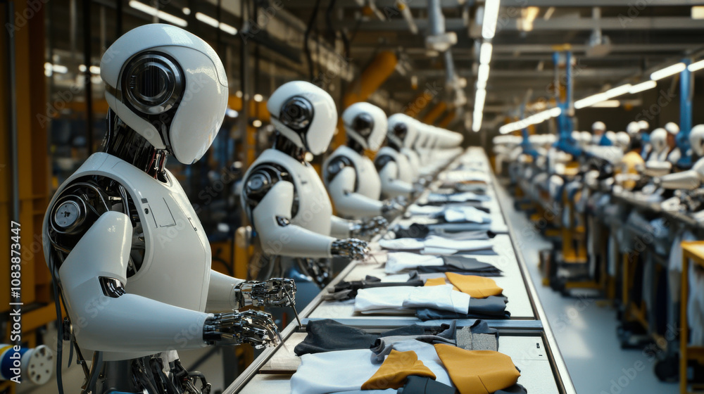 Aufkleber robots working meticulously on an assembly line in a modern textile factory during daylight hours
