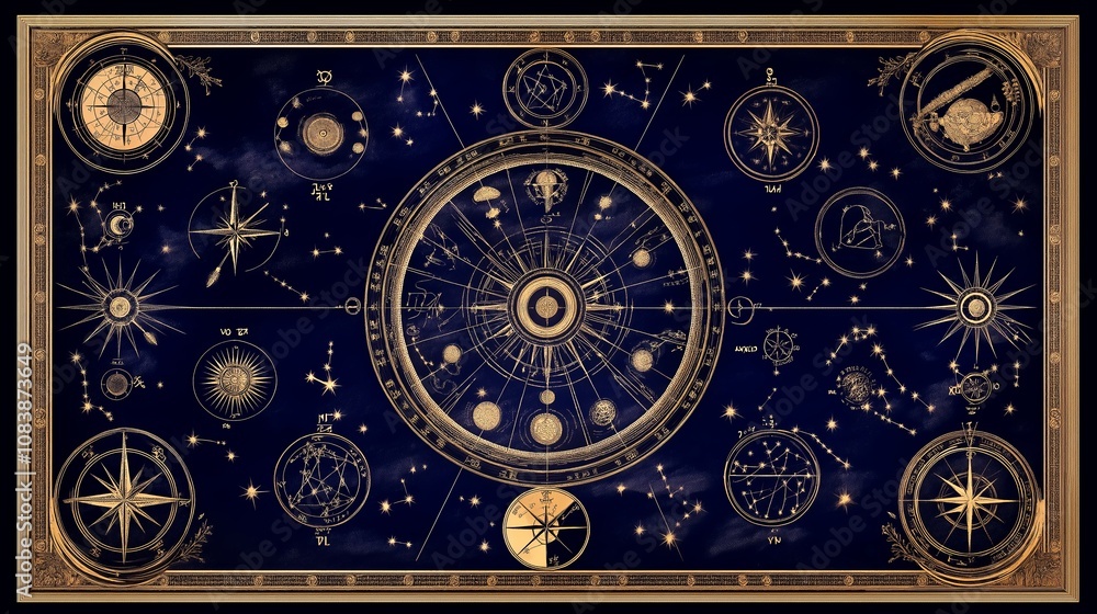 Poster Celestial Map with Constellations and Zodiac Symbols