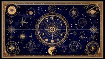 Obraz premium Celestial Map with Constellations and Zodiac Symbols
