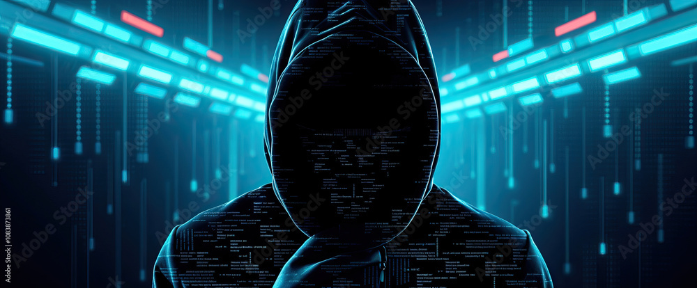 Poster hacker in hood cyber security threat dark background digital theft anonymous cybercrime technology hacking data breach