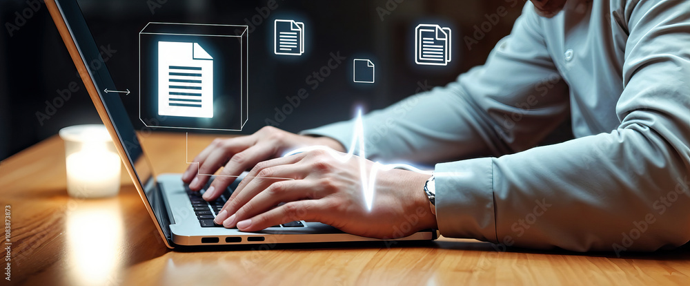 Poster person typing on laptop data processing information management online security virtual files cloud s