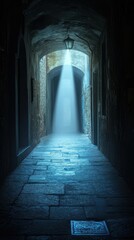 Fototapeta premium A dimly lit alley with a beam of light illuminating the foggy pathway.