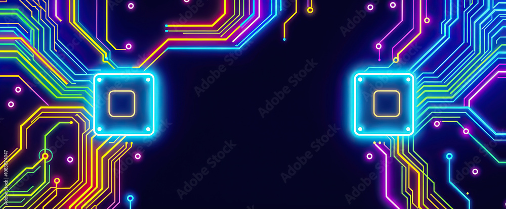 Poster vibrant circuit board neon lines futuristic technology glowing lights digital microchip sci-fi cyber