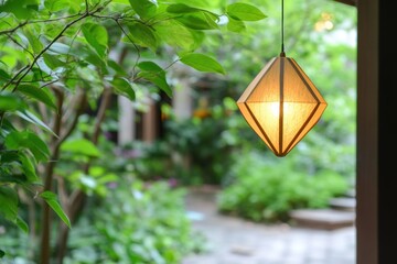 Ancient Wooden Chinese Lantern Hanging in Yard Near Pagoda Glowing Softly at Dusk