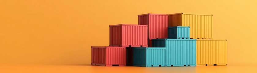 A vibrant arrangement of colorful shipping containers stacked against an orange backdrop, highlighting logistics and storage concepts.