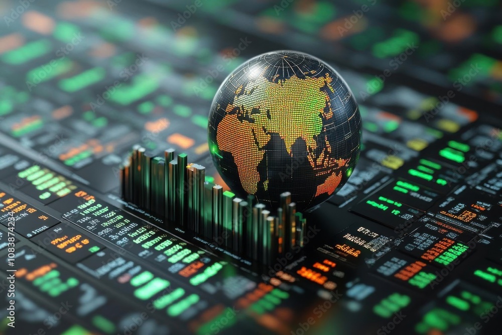 Poster a digital globe on a platform of stock market data, showcasing global finance and data visualization