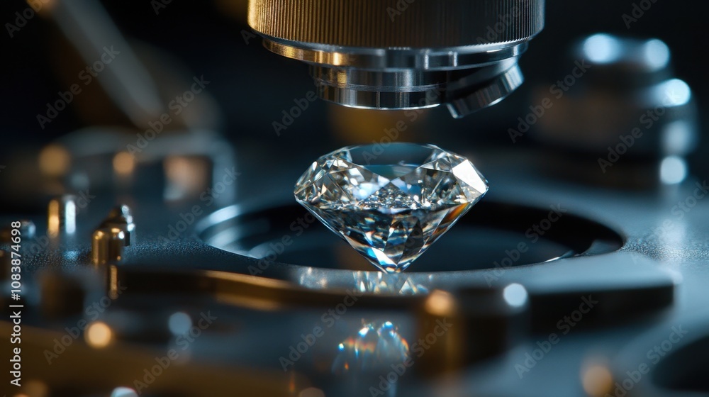Poster close-up view of a high-quality diamond under a microscope, showcasing its brilliant cut and intrica