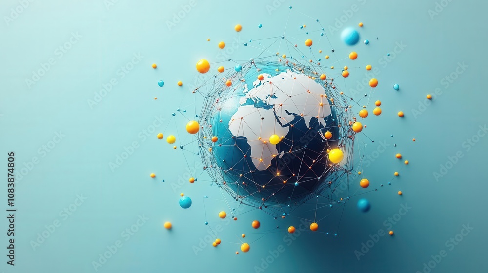 Poster a colorful abstract depiction of the earth, surrounded by floating spheres and particles on a soft b