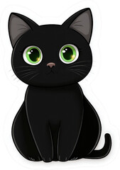 Obraz premium A cute black cat with large green eyes, sitting in a playful pose, characterized by its rounded ears and shiny fur.
