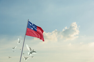 Samoa flag waving with flying doves in beautiful sky. Samoa flag for Republic Day and Independence...