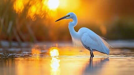 Naklejka premium Great Egret in Shallow Water at Sunrise with Reflection