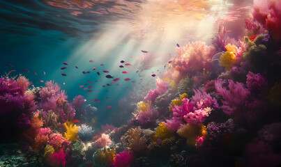 Fototapeta premium Vibrant coral reef teeming with colorful marine life and illuminated by sunlight.