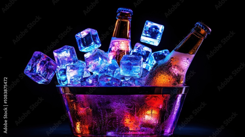 Poster refreshing bottles of beverage surrounded by sparkling ice cubes in a colorful bucket on a dark back