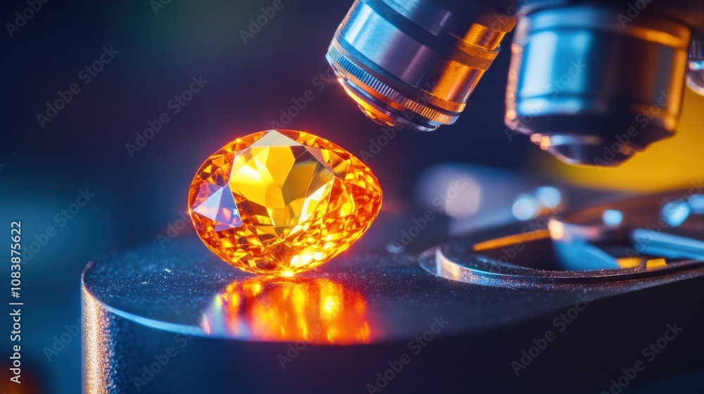 Poster close-up view of a bright orange gemstone under a microscope with geometric facets reflecting light 