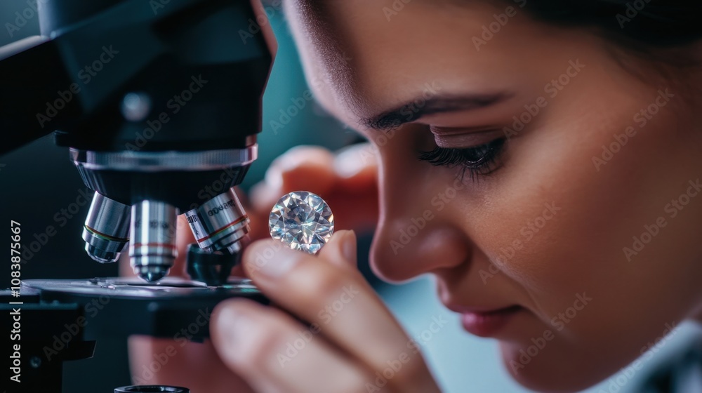 Aufkleber close-up view of a scientist examining a diamond under a microscope with professional precision and 