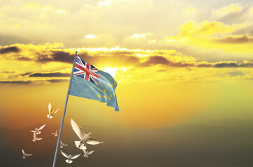 Tuvalu flag waving with flying doves in beautiful sky. Tuvalu flag for Republic Day and...