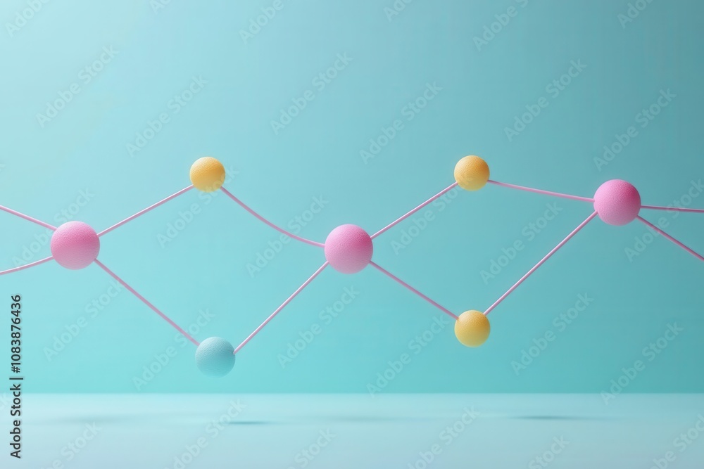 Poster a colorful, abstract representation of interconnected spheres on a soft blue background, symbolizing