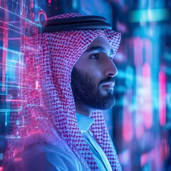 A medium shot of a Saudi man with a highly realistic and detailed face, wearing traditional attire, including a white thobe and a red and white shemagh. generative ai