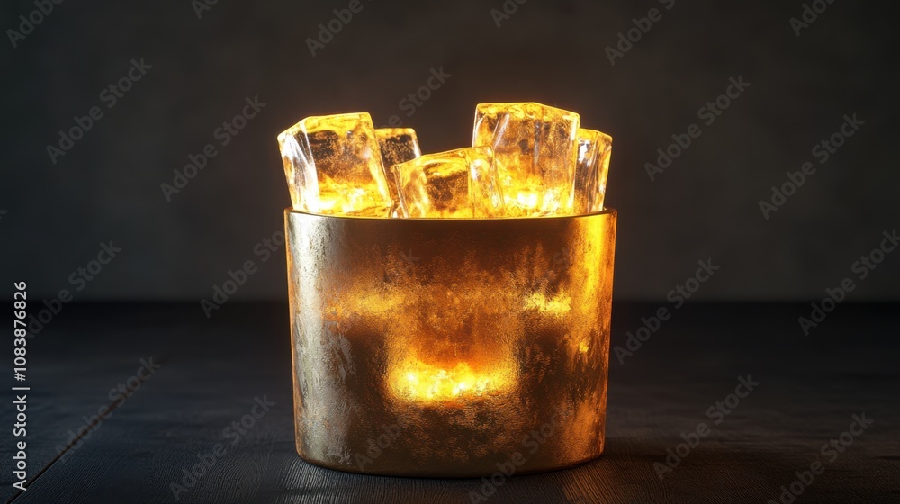 Poster glimmering ice cubes in a golden bucket illuminated by soft light on a dark background creating a lu