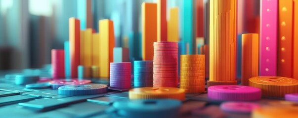 Obraz premium A vibrant, colorful 3D representation of financial data, showcasing various graphs and charts with cylindrical and circular elements.