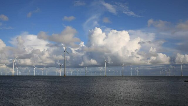 View of an offshore windpark and a beautiful cloudscape