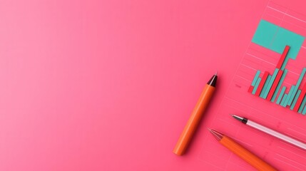 Naklejka premium A vibrant pink background featuring colorful pens and design elements, creating an artistic and engaging layout suitable for creative projects.