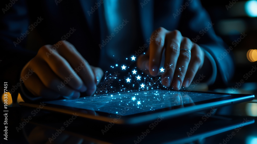 Poster a business professional interacts with a smartphone, creating an ethereal starry effect in a modern 