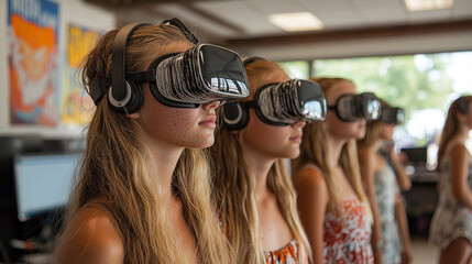 group girls engage virtual reality headsets classroom experiencing immersive scientific simulations as teacher provides guidance and support background.