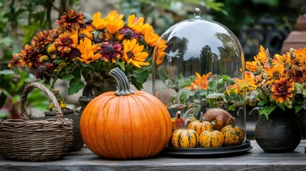 Vibrant Autumn Decor with Bright Pumpkins and Colorful Floral Arrangements Perfect for Seasonal Celebrations and Harvest Festivities