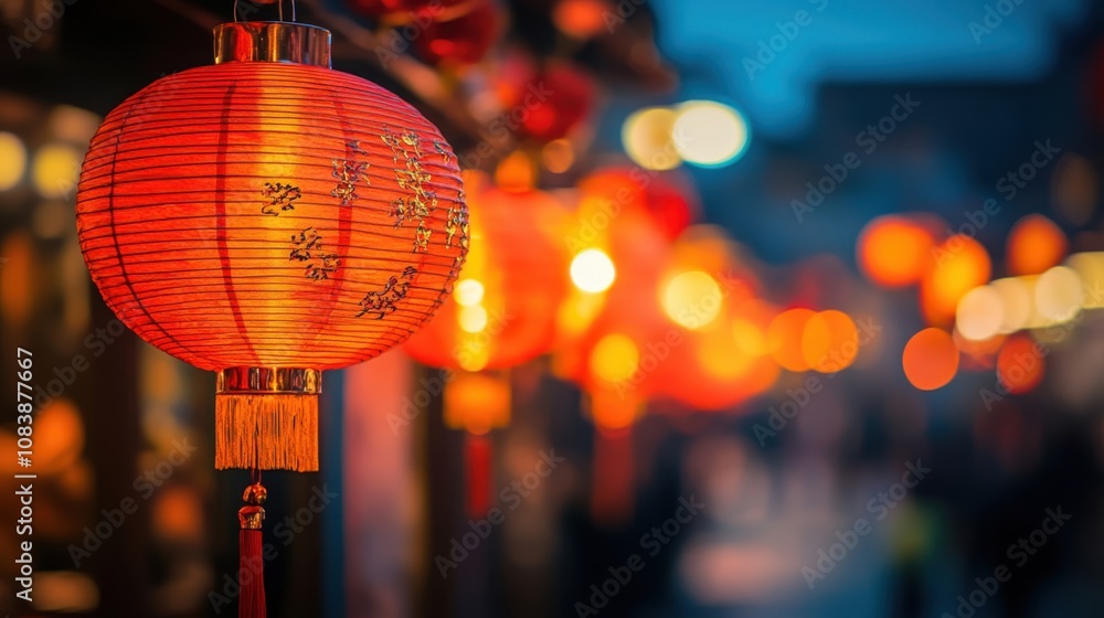 Poster vibrant red lanterns hanging in a festive night market with a soft bokeh background creating a warm 