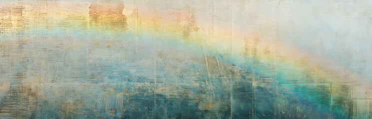 A soft, abstract depiction of a rainbow over a textured background.