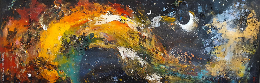 Poster a vibrant abstract representation of a cosmic scene with swirling colors and celestial elements.
